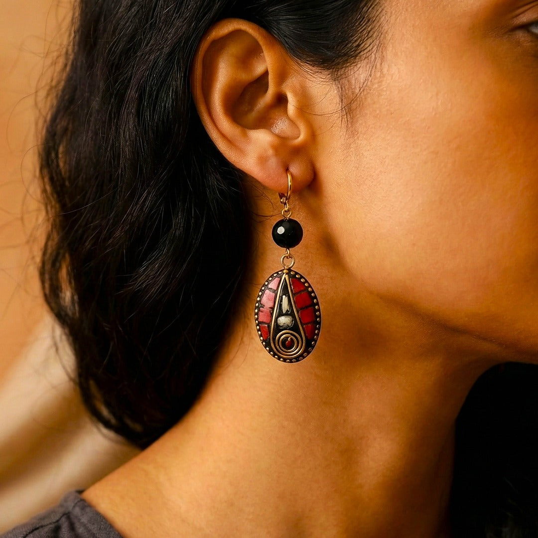 Mosaic Splendor: Oval Tibetan Lac Earring
