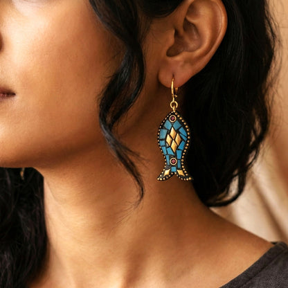 Mosaic Splendor: Fish Shaped Tibetan Lac Earring