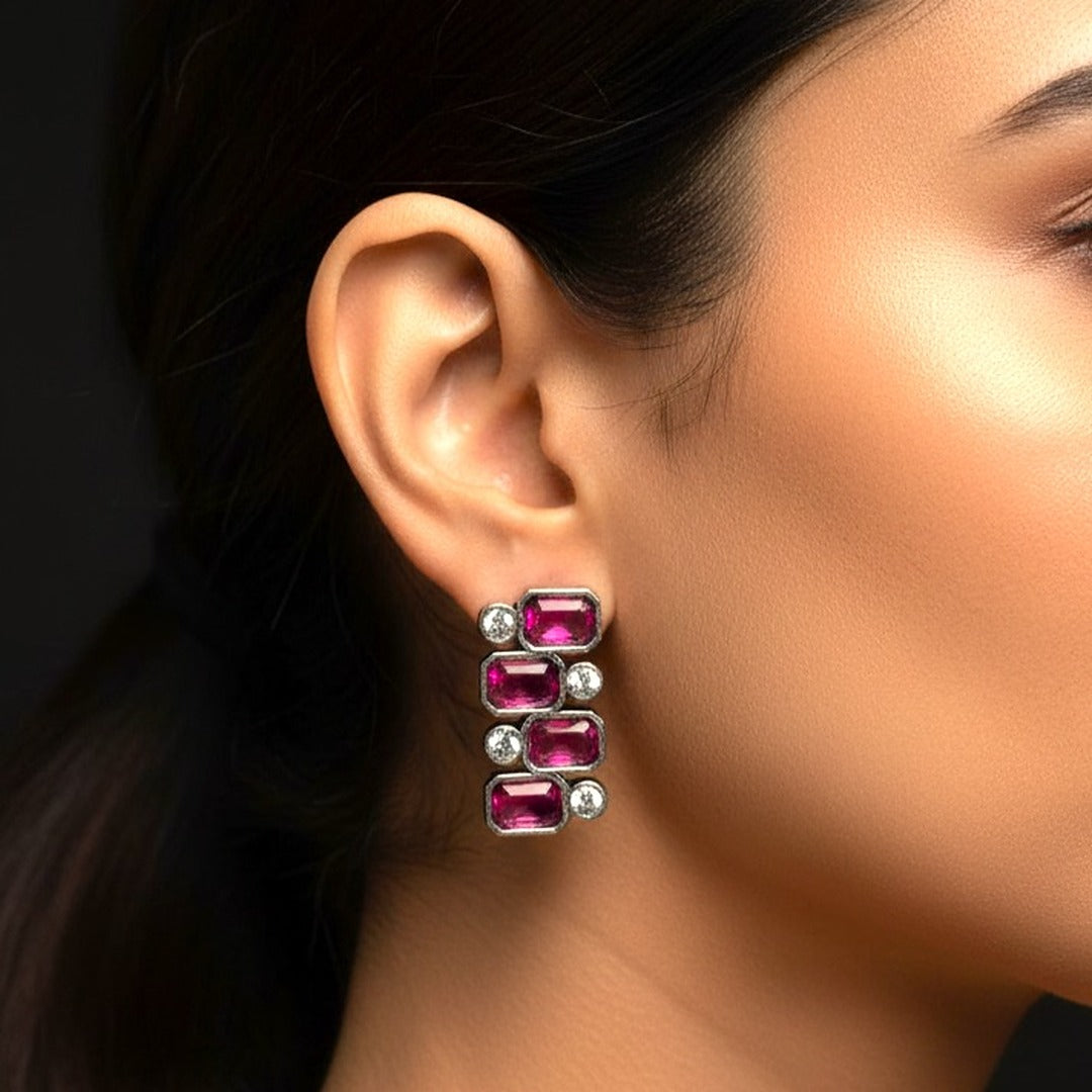 Signature Grid Set: Majenta and White Stone Bracelet and Earring Set