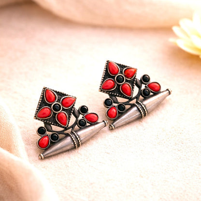 Crowned Square: Coral Red and Black Silver Toned Earring