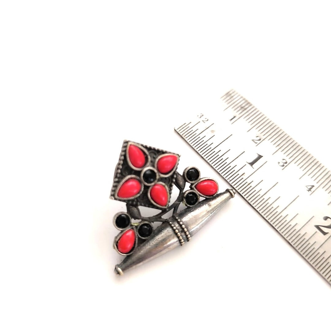 Crowned Square: Coral Red and Black Silver Toned Earring