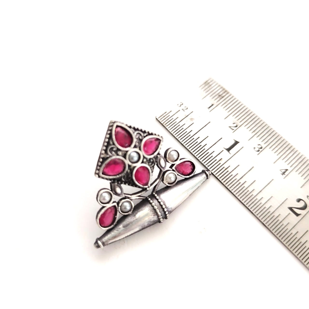 Crowned Square: Deep Pink and Pearl Silver Toned Earring