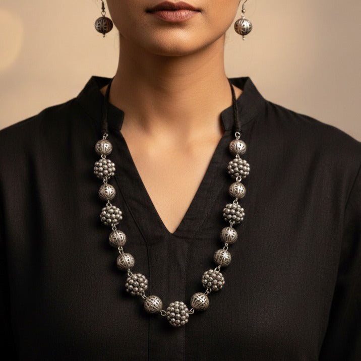 Bohemian Elegance: Silver Toned Beaded Long Necklace with Tie-Back