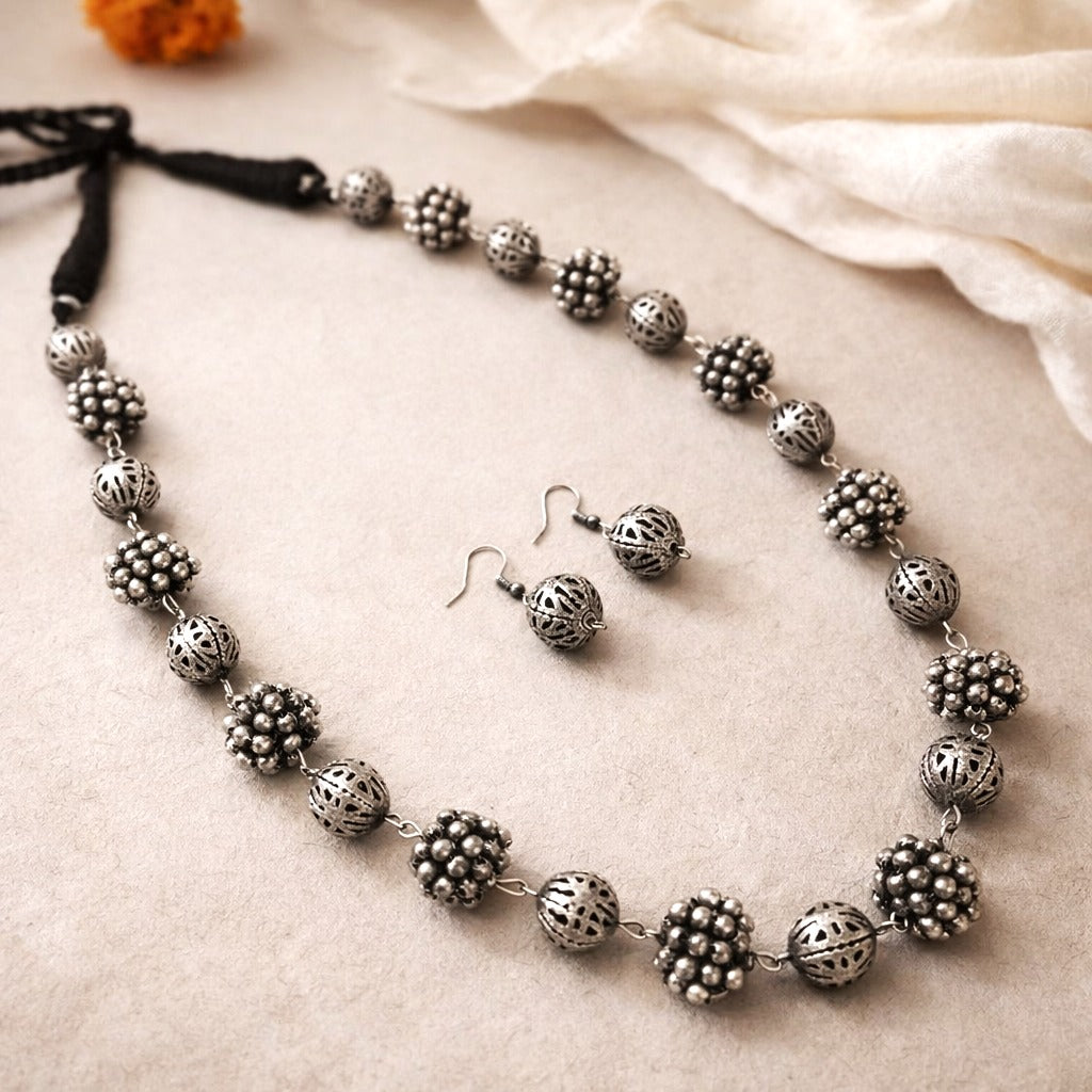 Bohemian Elegance: Silver Toned Beaded Long Necklace with Tie-Back
