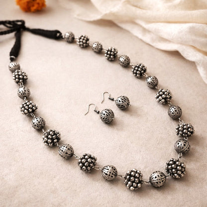 Bohemian Elegance: Silver Toned Beaded Long Necklace with Tie-Back