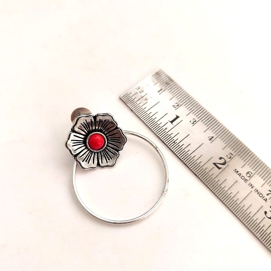 Floral Nimbus: Coral Bead Silver Toned Stud Earring