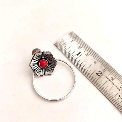 Floral Nimbus: Coral Bead Silver Toned Stud Earring