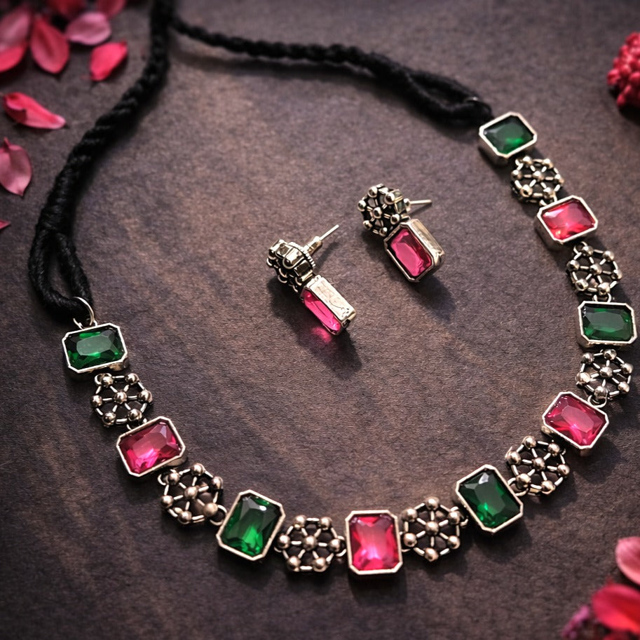 Ethnic Treasure : Green and Pink Stone Necklace and Earring Set