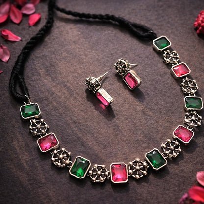 Ethnic Treasure : Green and Pink Stone Necklace and Earring Set