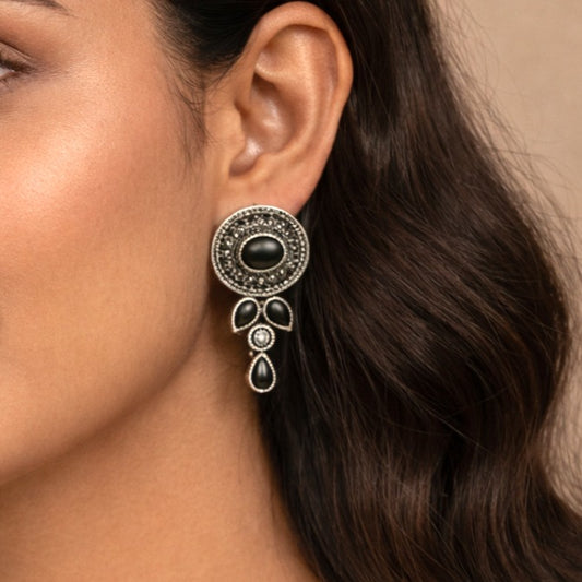 Ziva Drops: Black Stone Silver Toned Earrings
