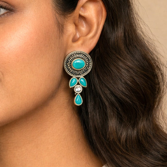 Ziva Drops: Turquoise Stone Silver Toned Earring