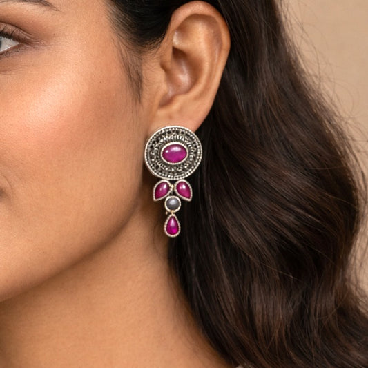 Ziva Drops: Majenta Stone Silver Toned Earring