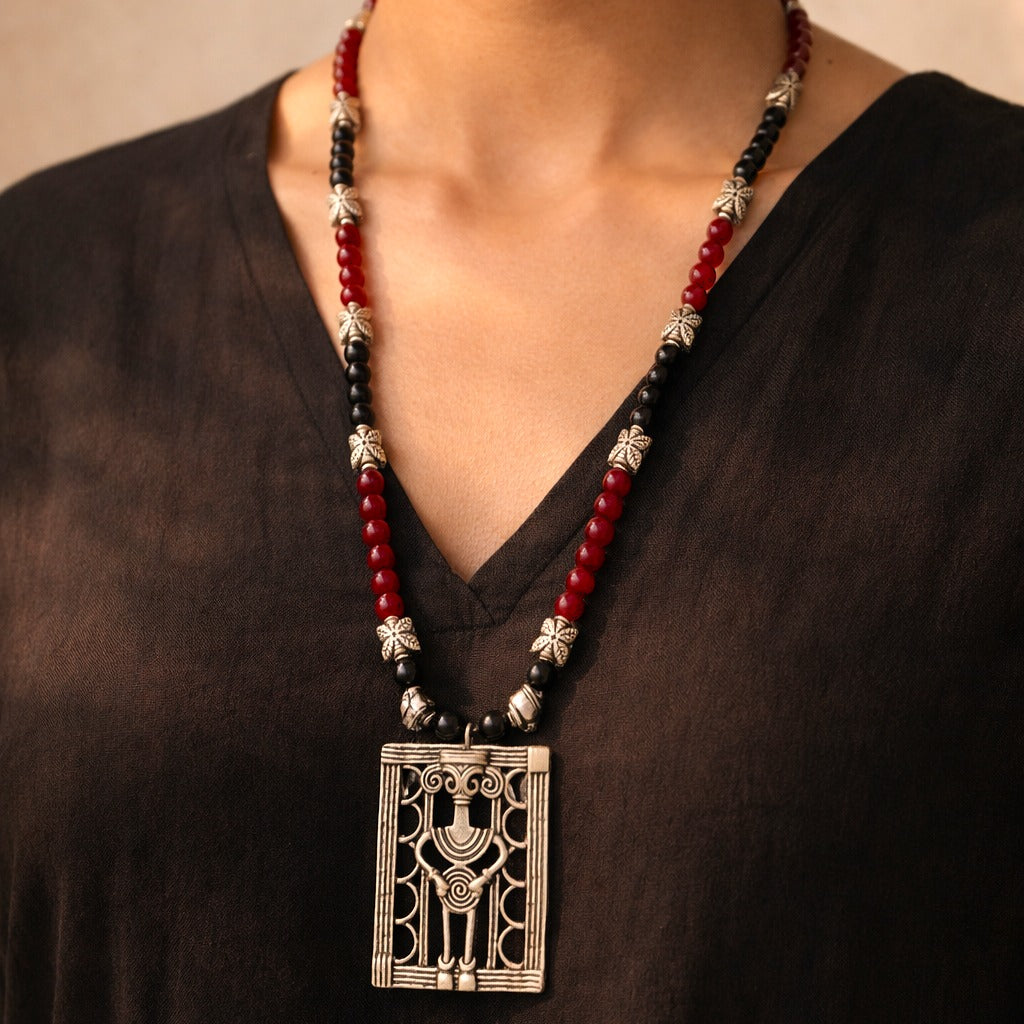 Indie Soul: Red and Black Beaded Necklace with Statement Pendant