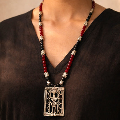 Indie Soul: Red and Black Beaded Necklace with Statement Pendant