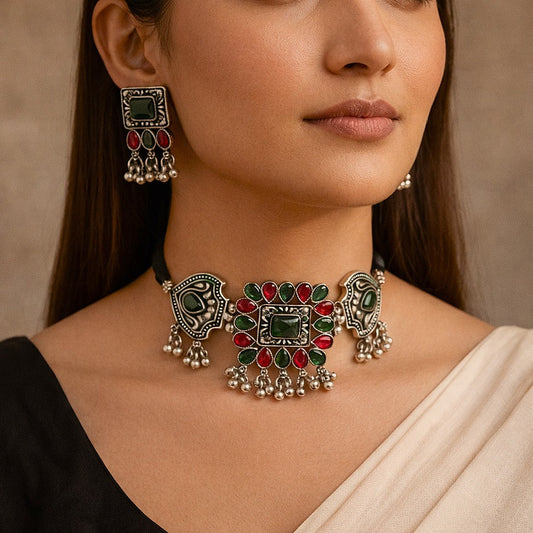 Sitaara Coker Set : Green and Pink Stone Choker and Earring Set