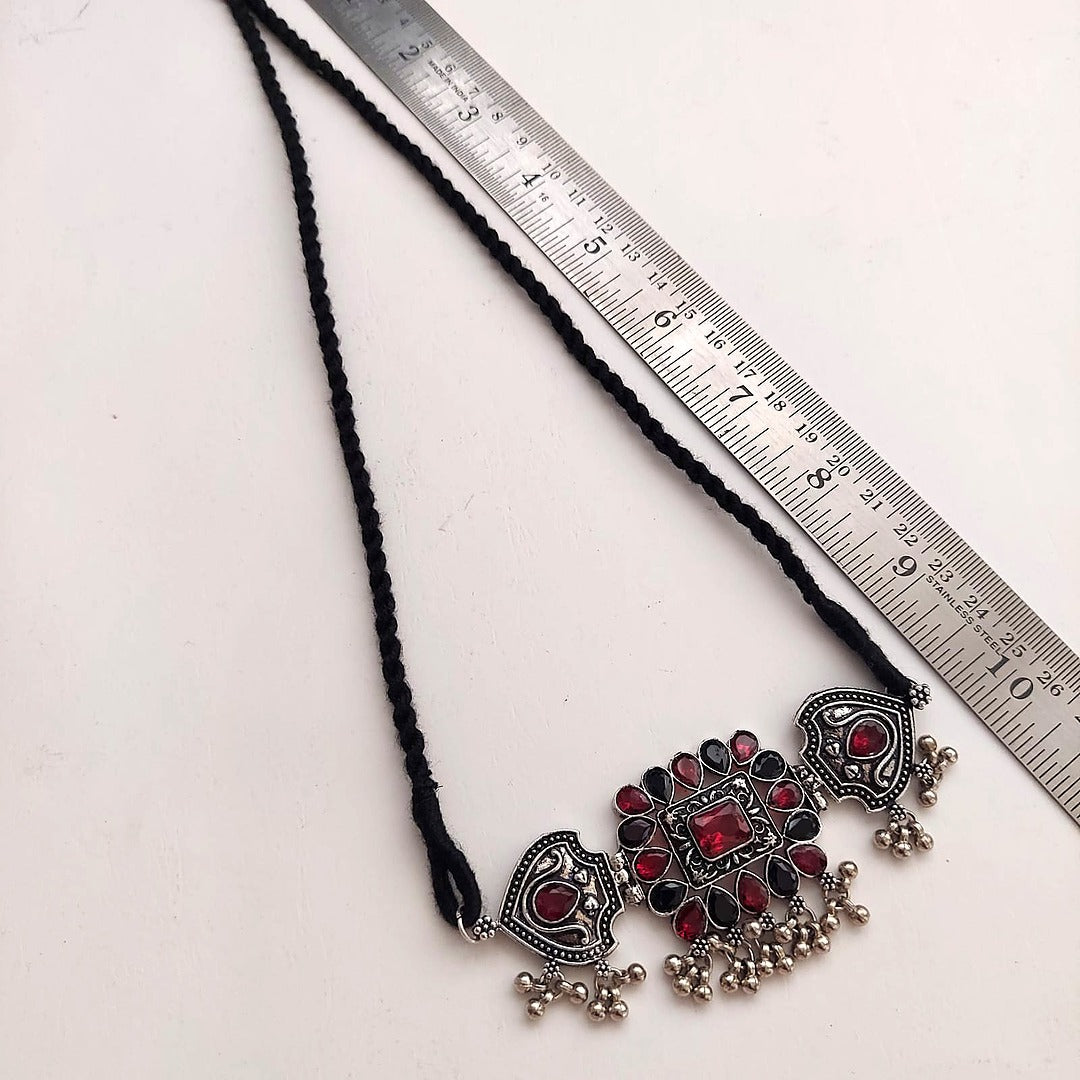 Sitaara Choker Set: Red and Black Choker and Earring Set