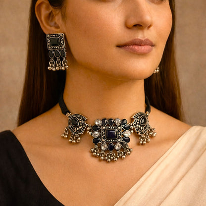 Sitaara Choker Set: Black and White Stone Choker and Earring Set