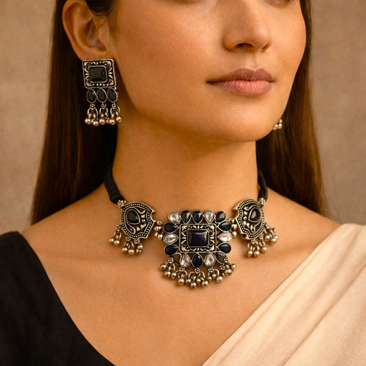 Sitaara Choker Set: Black and White Stone Choker and Earring Set