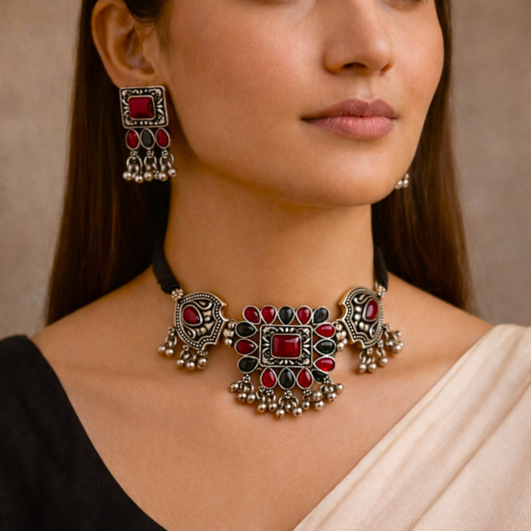 Sitaara Choker Set: Red and Black Choker and Earring Set