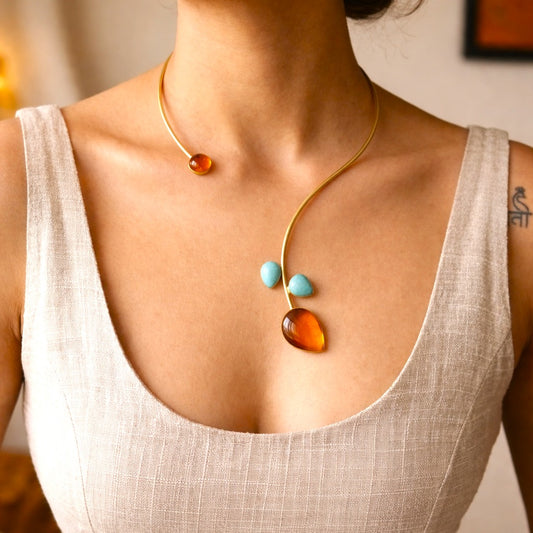 Sunset Skyline: Vibrant Orange and Blue Stone Studded Hasli Brass Necklace