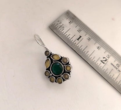 Golden Bloom: Green Stone Silver toned Earring