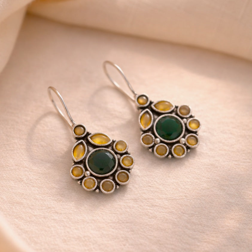 Golden Bloom: Green Stone Silver toned Earring