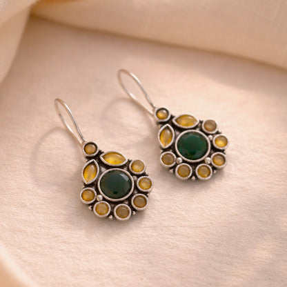 Golden Bloom: Green Stone Silver toned Earring