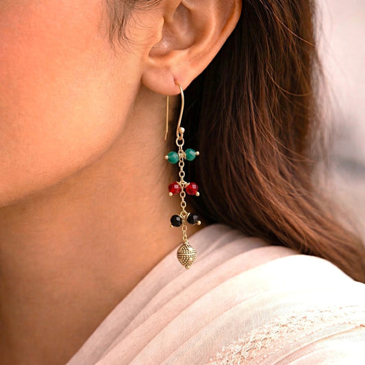 Hand Crafted Earrings: Dazzling Blue Red and Black Crystal Stone Long Drop Earring