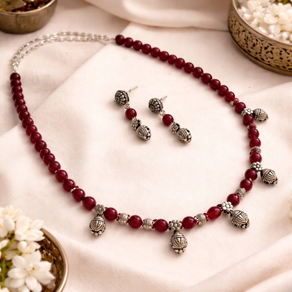 Mridula: Handmade Red Beaded Necklace and Earring Set