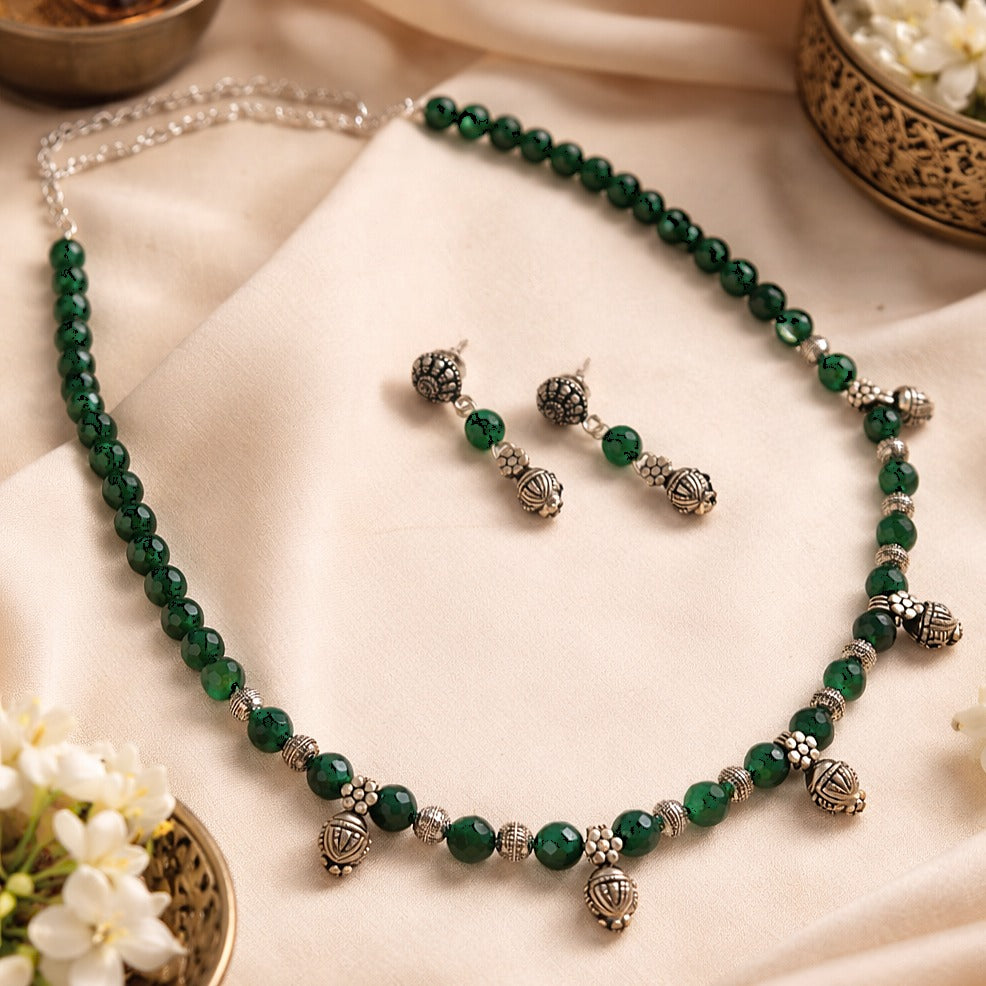 Mridula: Handmade Green Beaded Necklace and Earring Set