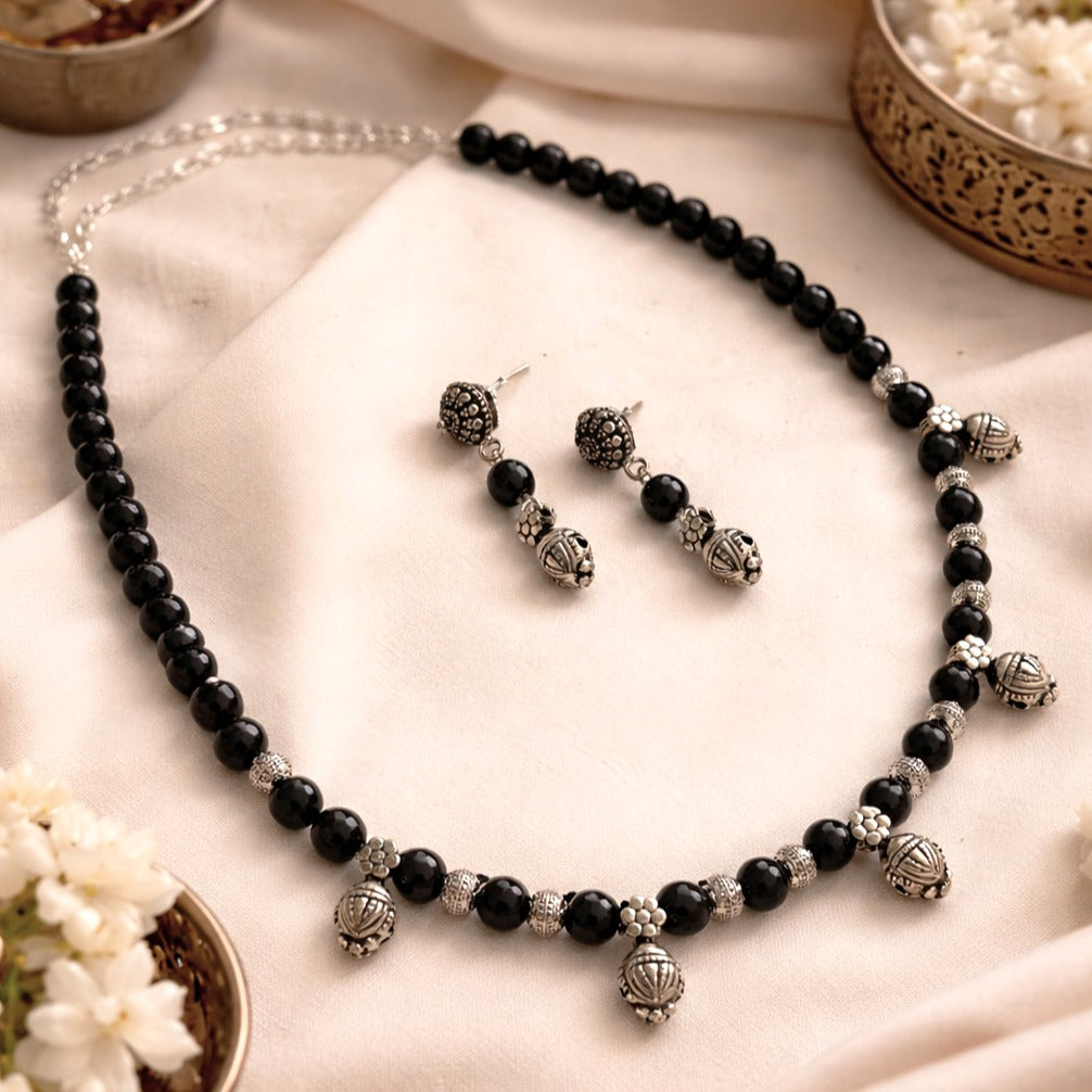 Mridula: Handmade Black Beads Necklace and Earring Set