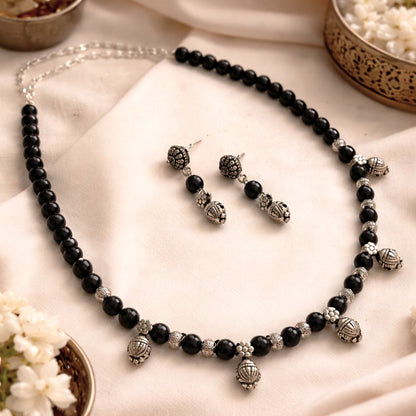 Mridula: Handmade Black Beads Necklace and Earring Set