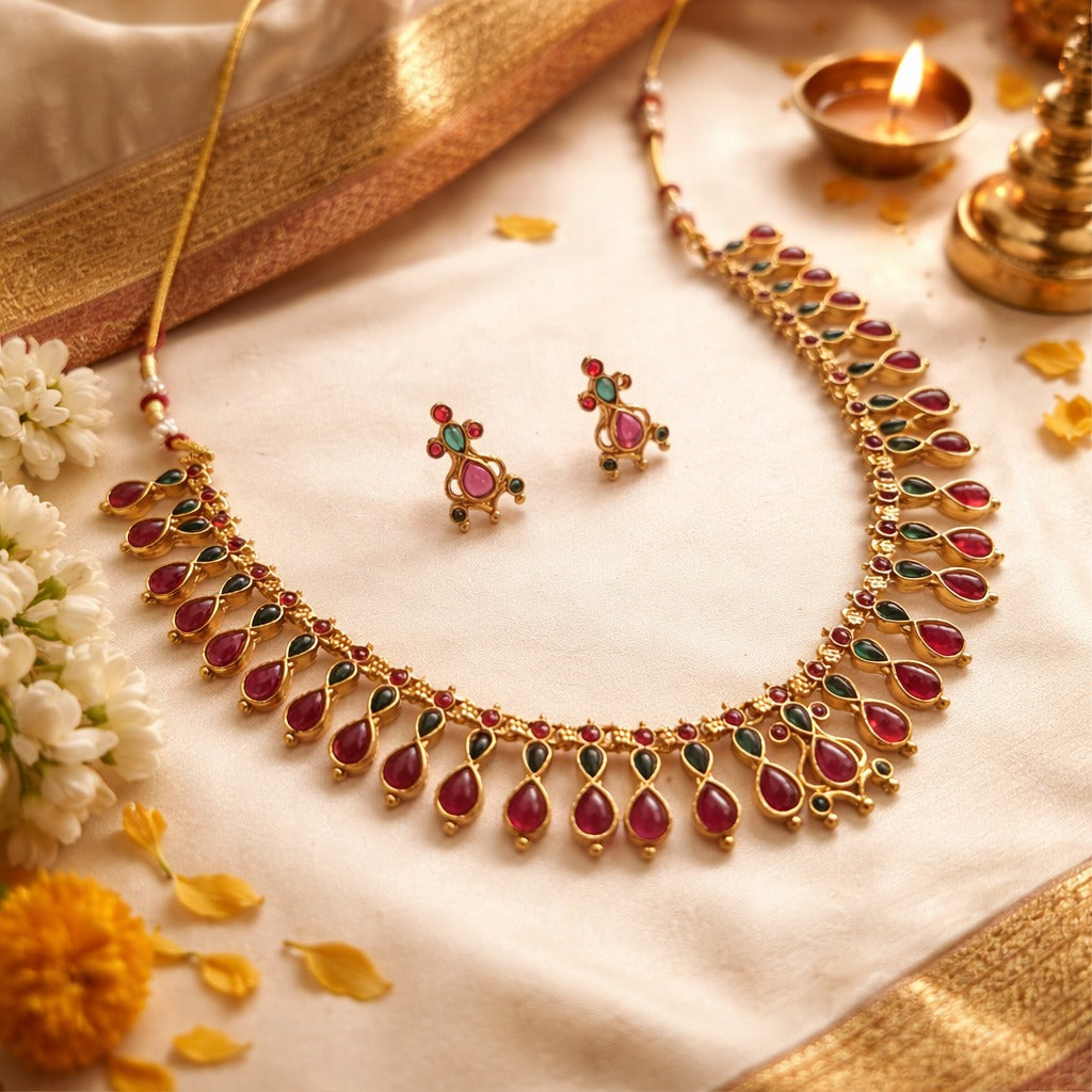 Varnika: Traditional Gold Toned Stone Studded Necklace and Earring Set