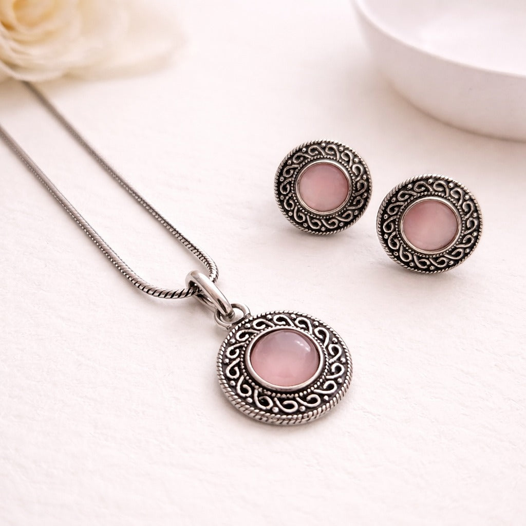 Vogue Essentials Collection: Pink Stone Pendant and Earring Set