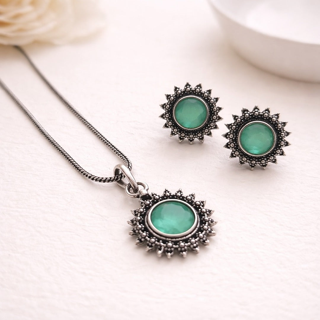Vogue Essentials Collection: Aqua Green Stone Pendant and Earring Set