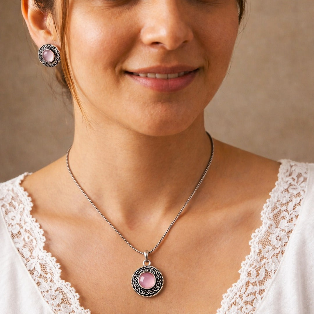 Vogue Essentials Collection: Pink Stone Pendant and Earring Set