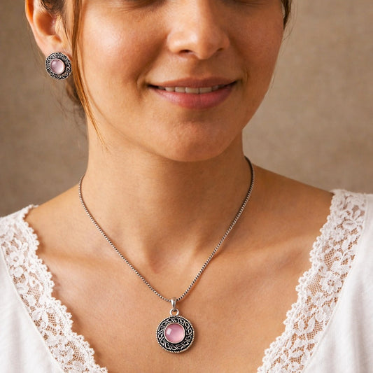 Vogue Essentials Collection: Pink Stone Pendant and Earring Set
