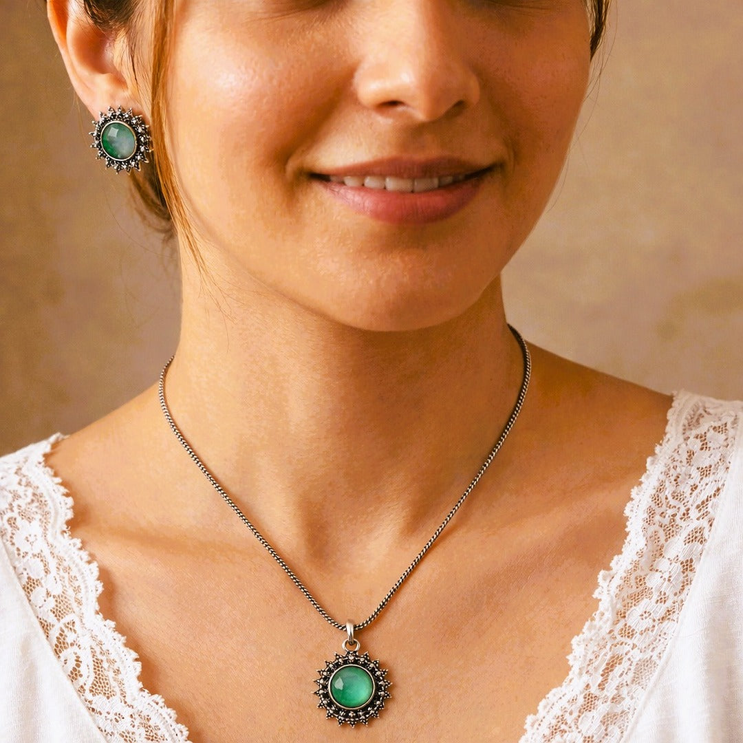 Vogue Essentials Collection: Aqua Green Stone Pendant and Earring Set