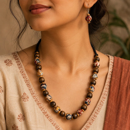 Earthy Beads: Handmade Kalamkari Beaded Necklace and Earring Set