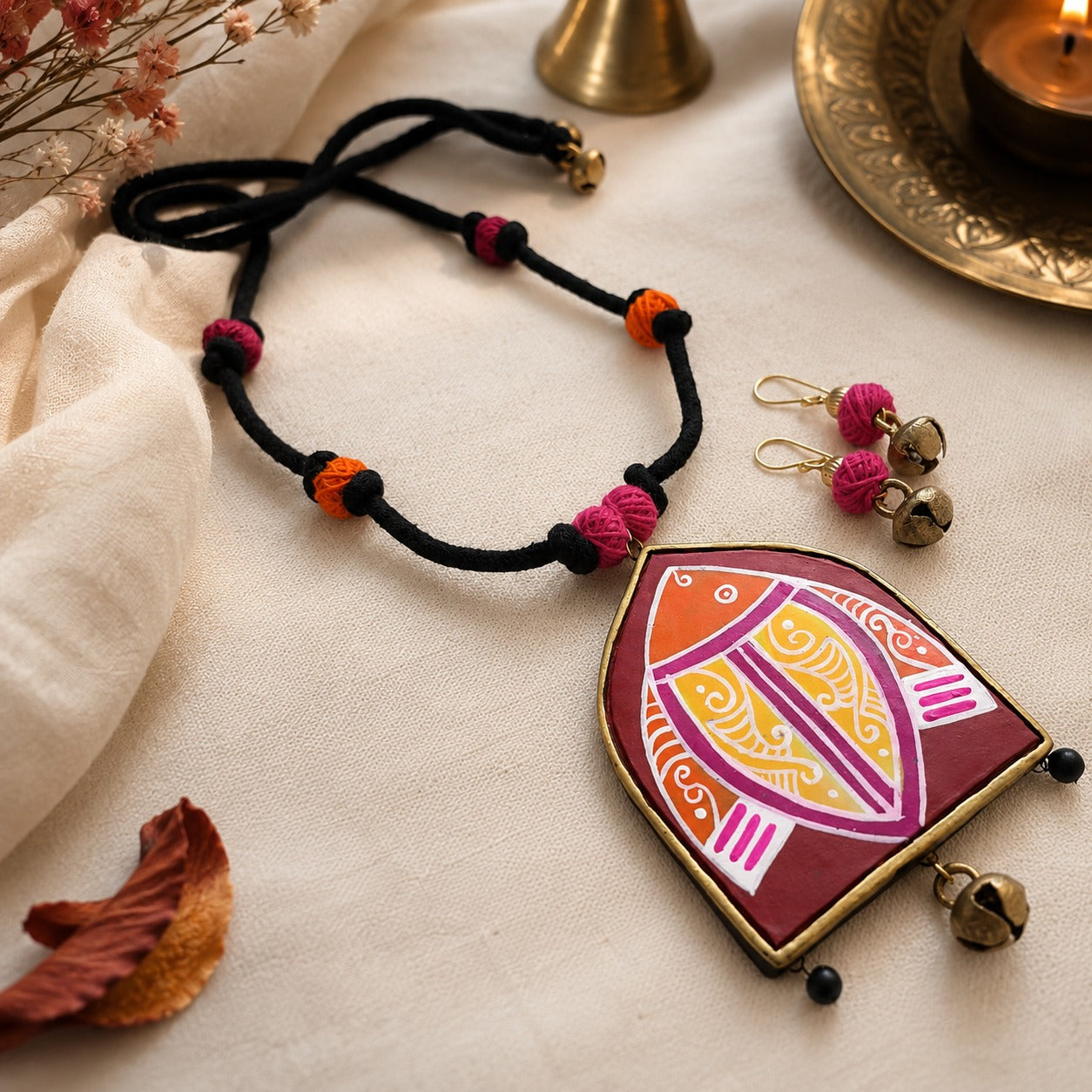 The Folk Edit: Hand painted Fish Terracotta Pendant and Earring Set