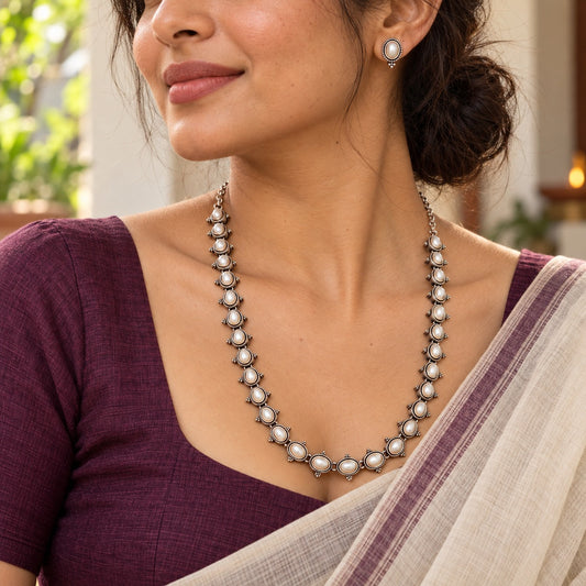 Noor: Statement Silver Toned Pearl Necklace and Earring Set