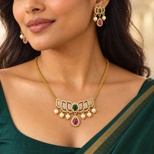 Padmini: Lotus pendant Gold Toned Necklace and Earring Set