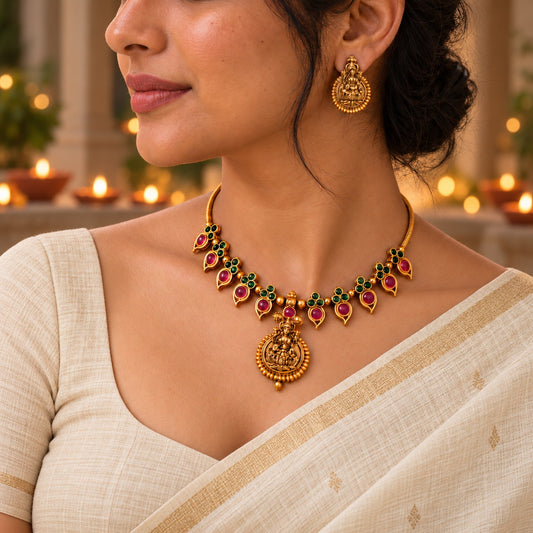 Soundarya: Antique Gold-Toned Lakshmi Pendant Necklace & Earring Set