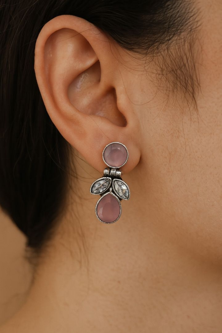 Crystal Spark: Baby Pink and White Stone Drop Earrings