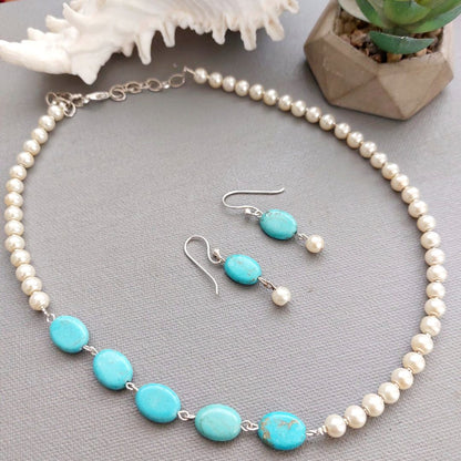 Serene Shell Pearl and Blue Beaded Necklace & Earring Set