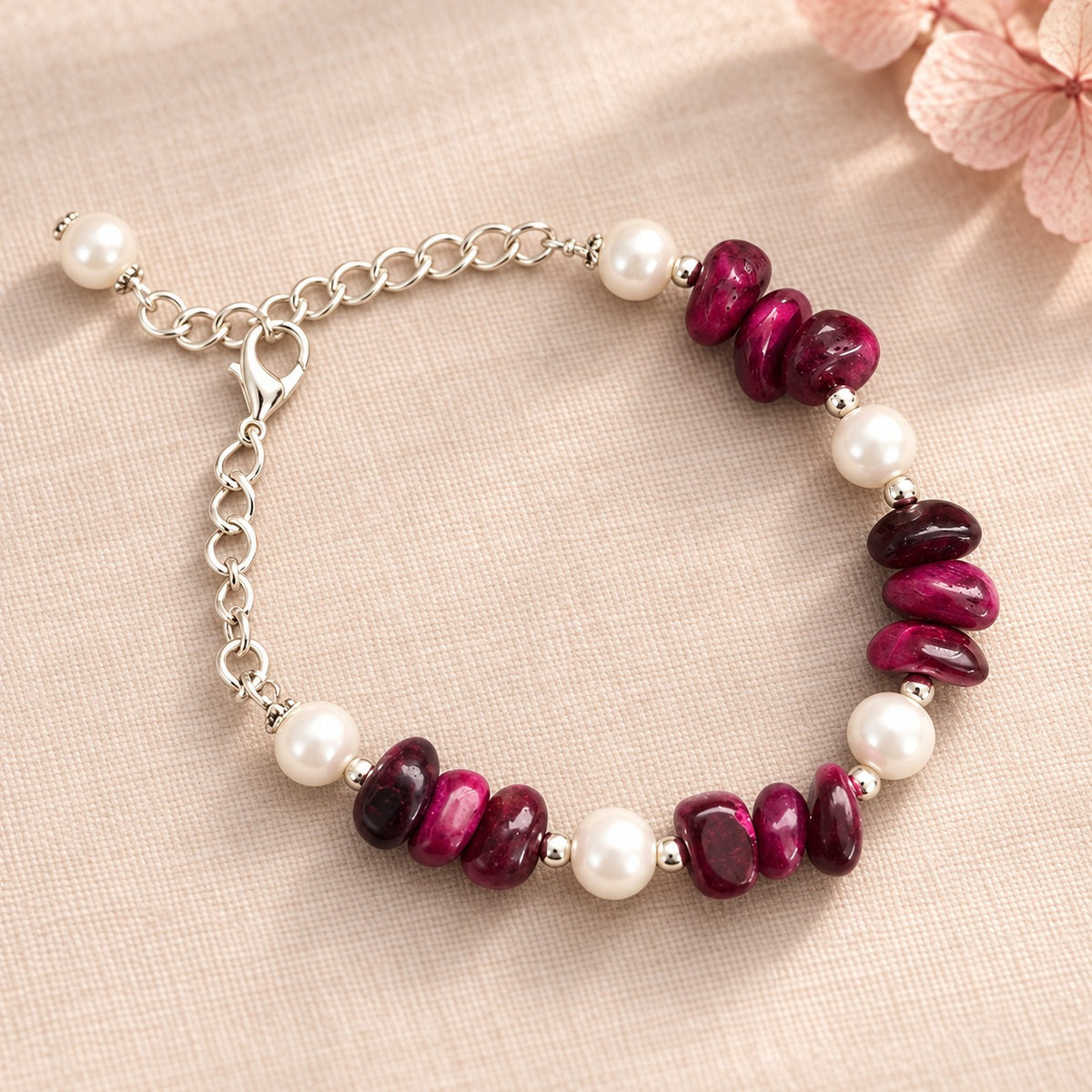 Wine Red and White Pearl Bracelet