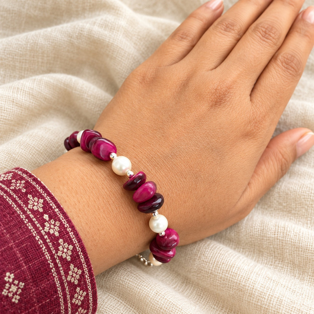 Wine Red and White Pearl Bracelet