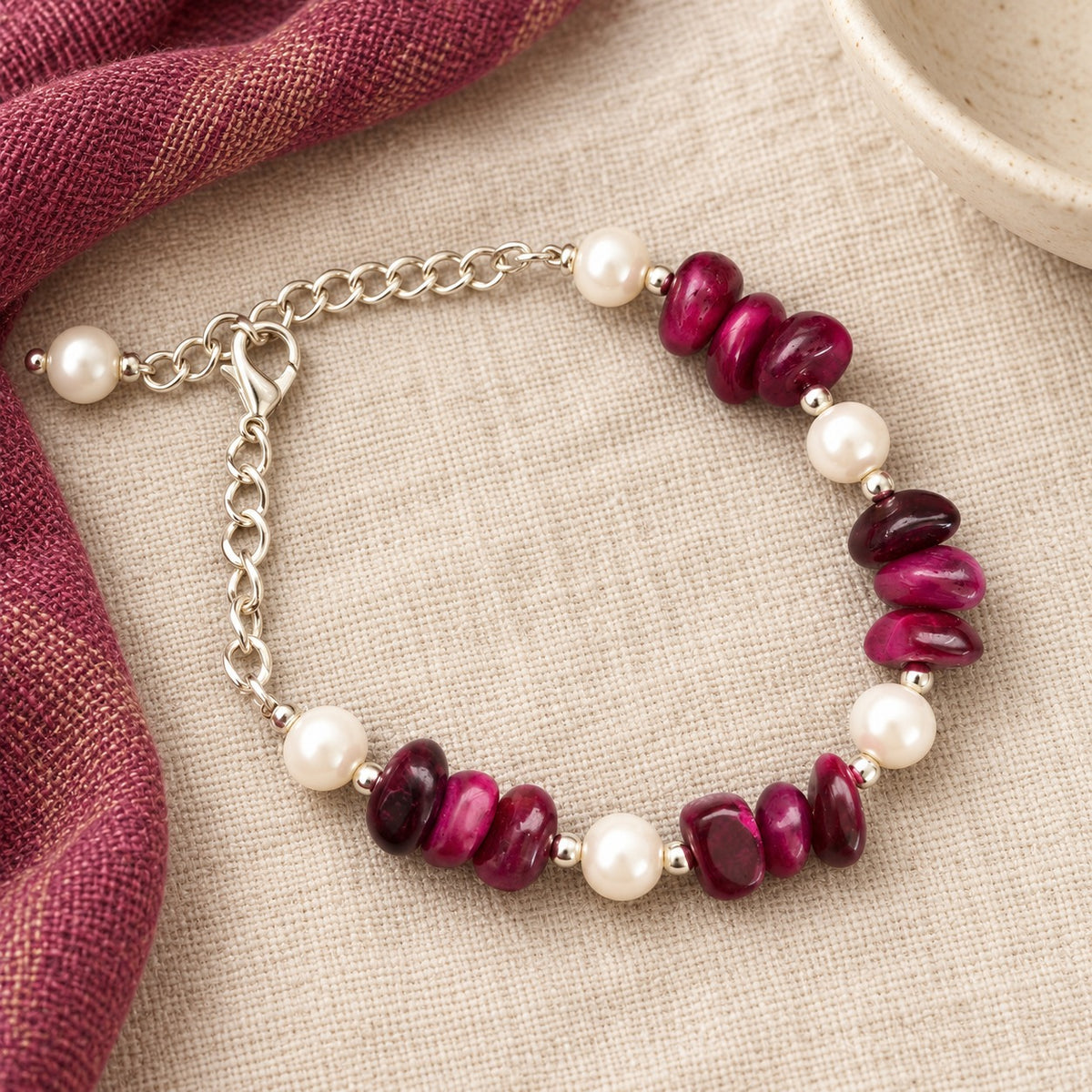 Wine Red and White Pearl Bracelet