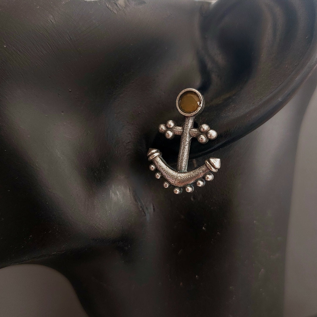 Anchor Earring -Yellow Stone Studded Silver Toned Earring