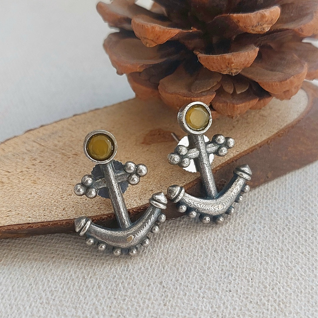 Anchor Earring -Yellow Stone Studded Silver Toned Earring